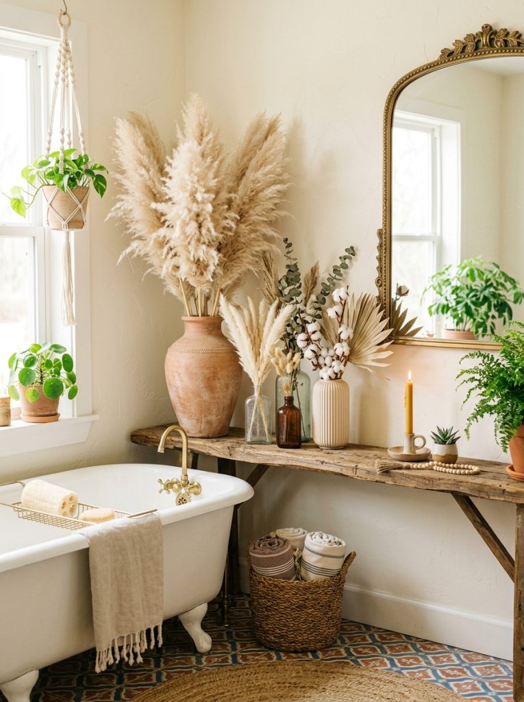 Beautiful pampas grass boho bathroom decor with dried grass in vintage vases containers creating organically beautiful botanical displays