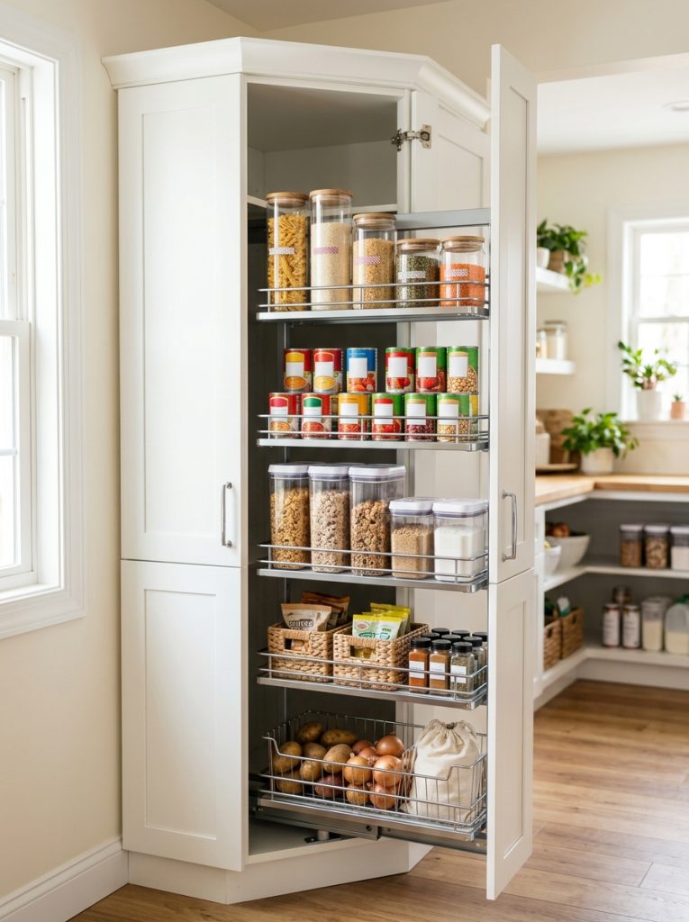 Tall corner pantry cabinet with pull out organizer holding canned goods and dry pantry items