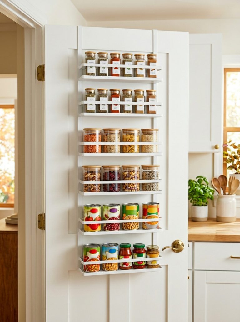 Neatly organized pantry door with multi tier over door rack holding spices and small jars