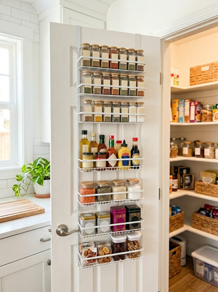 Pantry door with over door wire rack holding spice jars condiments and small pantry items