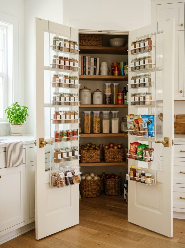 French pantry doors with slim over door racks on both doors holding spices and snack bags