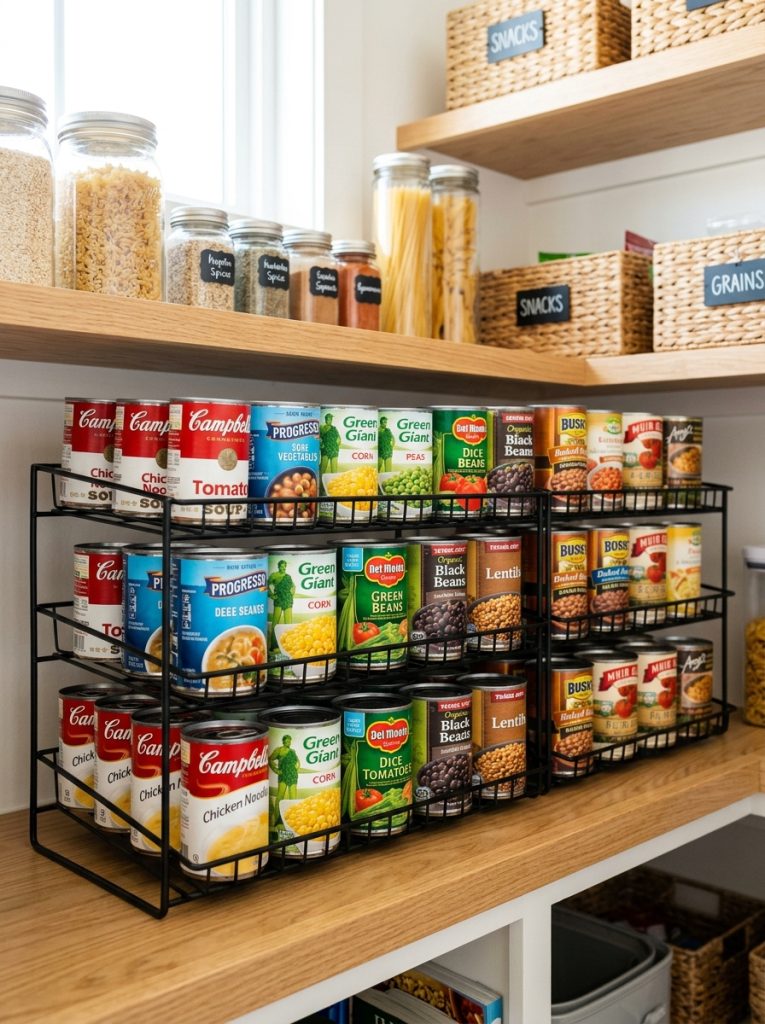 Full pantry shelf lined with long can organizer keeping rows of canned goods labels facing forward