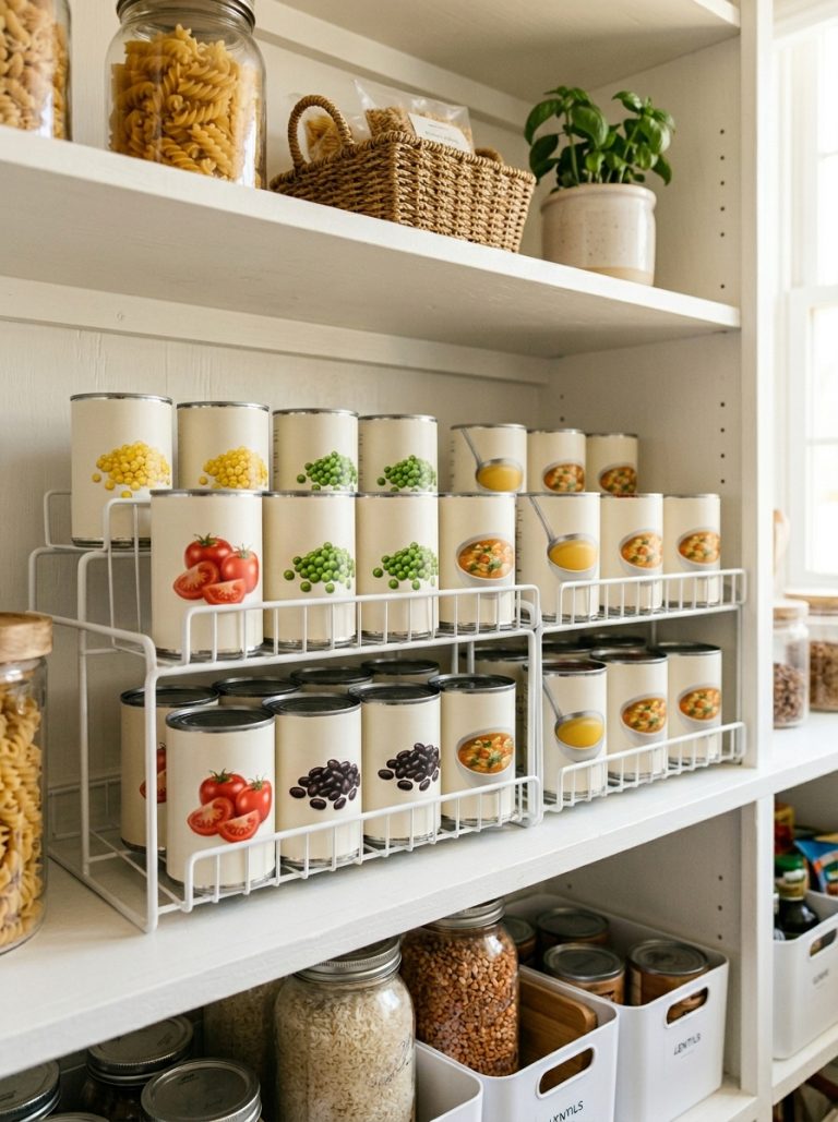 Neatly organized pantry shelf with labeled canned goods arranged by category on tiered wire racks