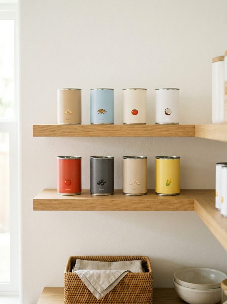  Minimal pantry shelf with small neat selection of canned goods in clean rows with breathing space