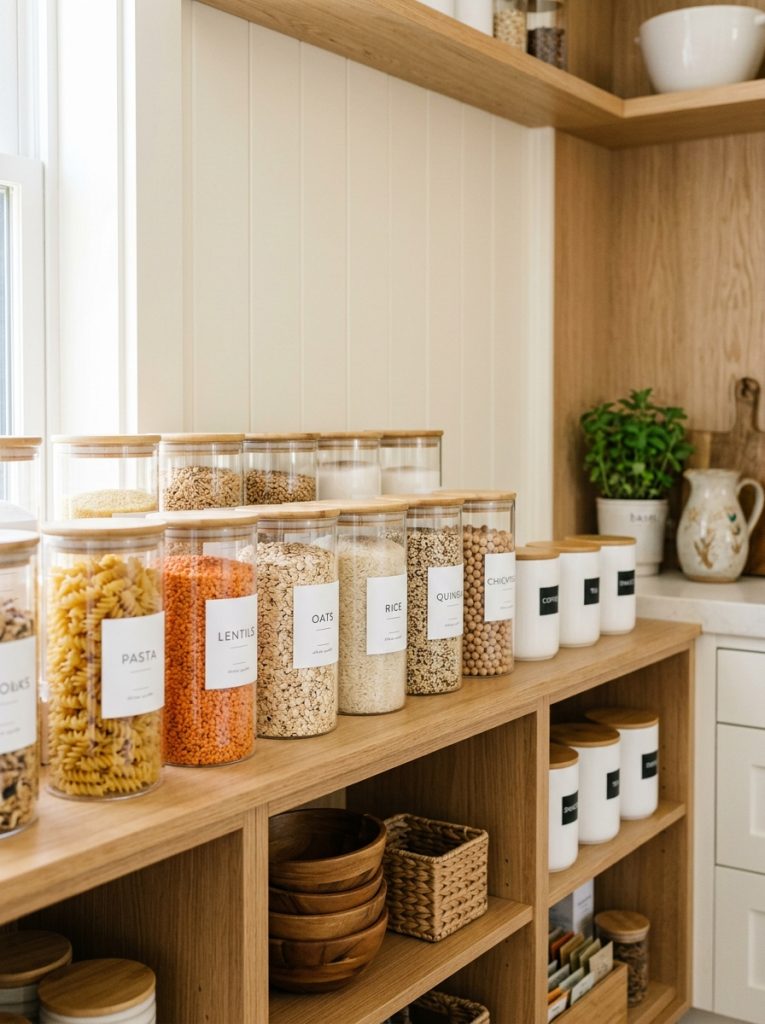 Styled pantry shelf with canned goods in matching labeled glass jars and uniform containers
