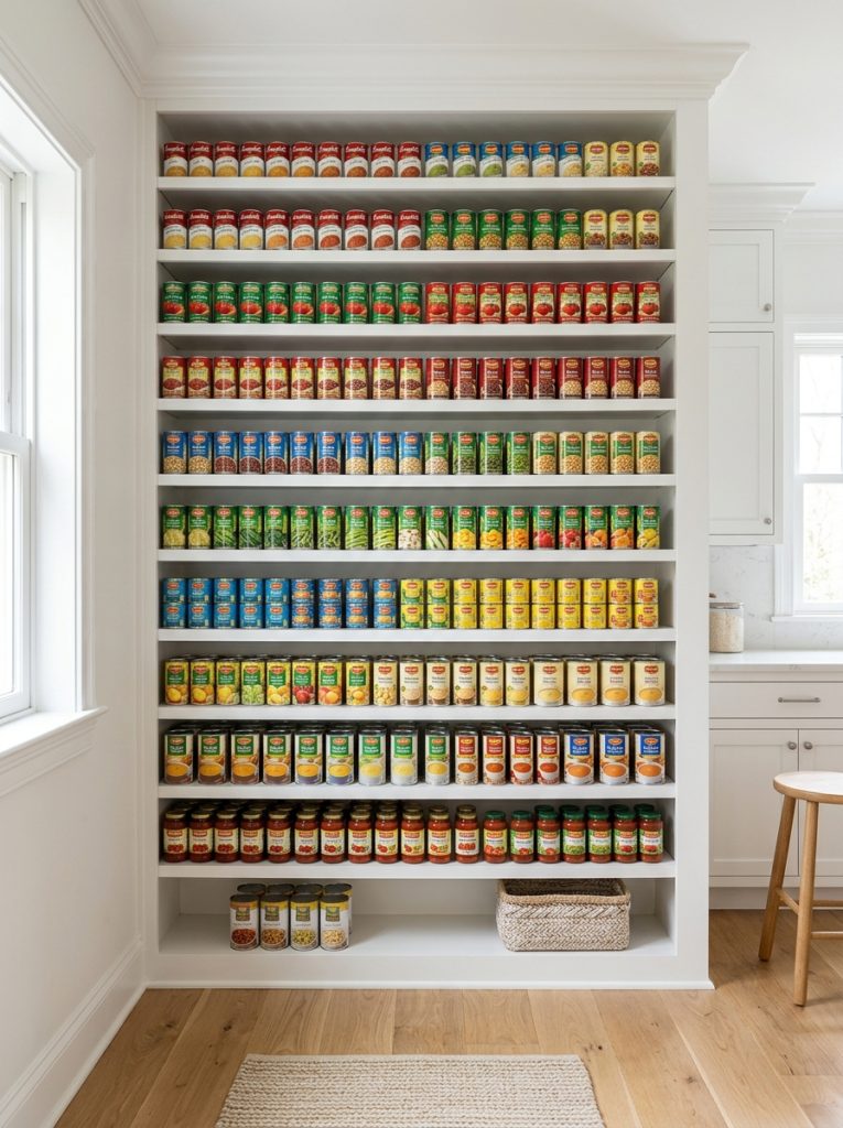 Built in floor to ceiling pantry wall with recessed shelving holding canned goods by category