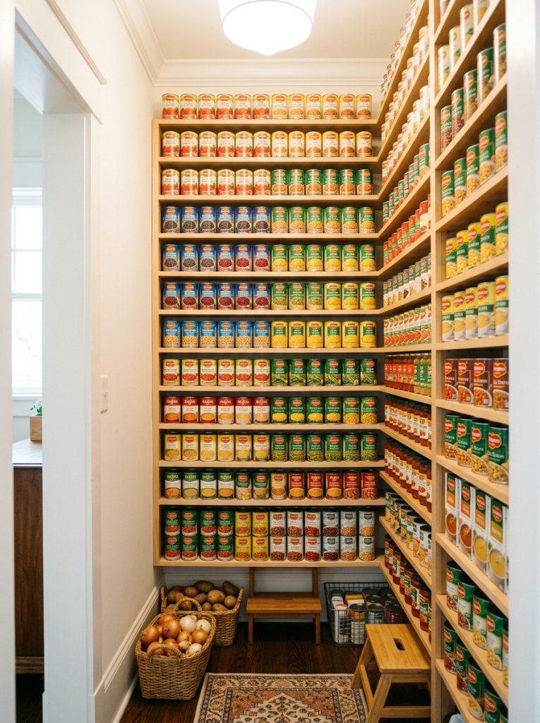  Small narrow pantry with tall vertical shelving holding canned goods stacked in neat rows floor to ceiling