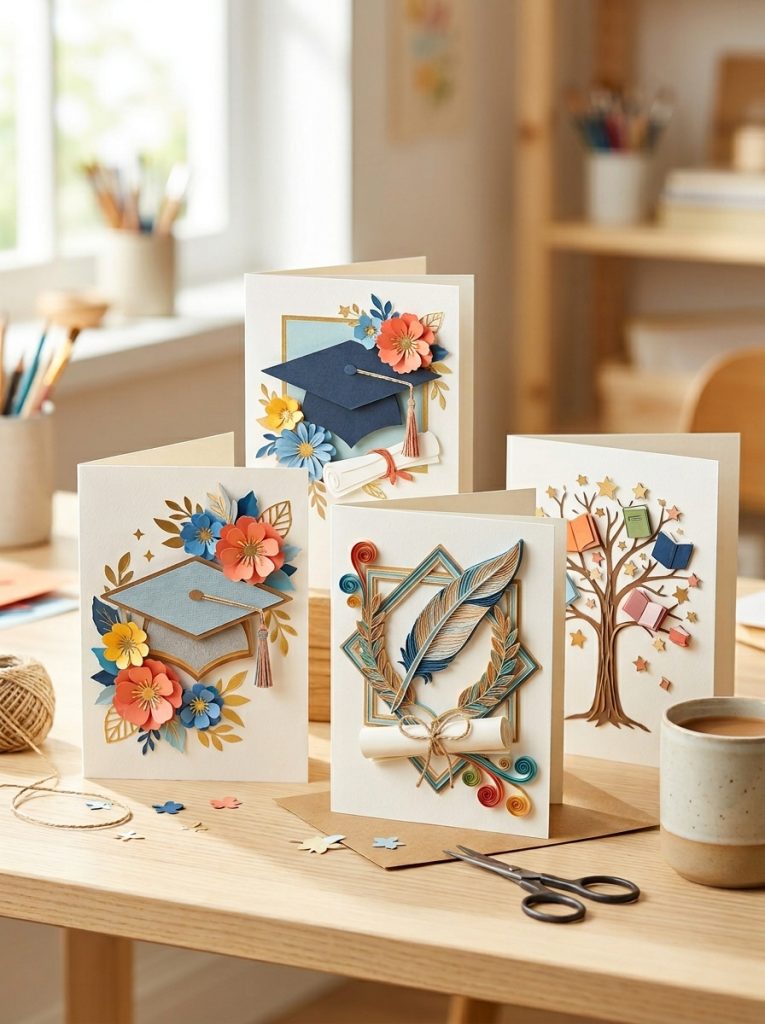 Beautiful paper craft graduation cards with intricate paper cutting layered designs paper flowers and dimensional elements displayed