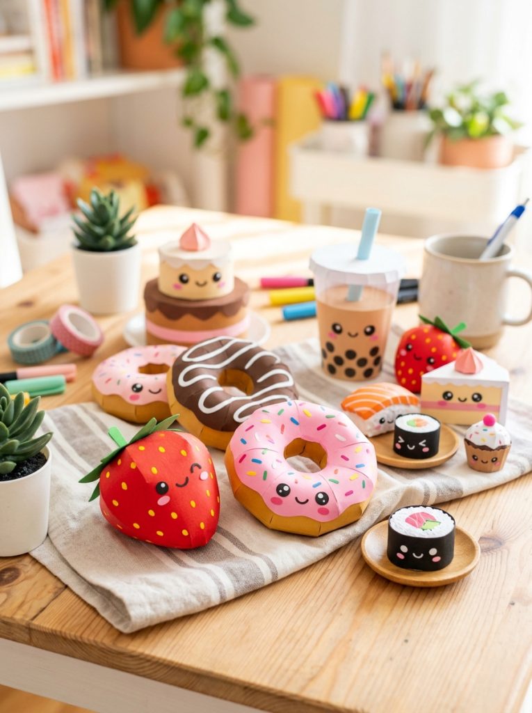 Adorable paper food squishies DIY with strawberries donuts sushi cakes and boba tea cups with sweet kawaii expressions 