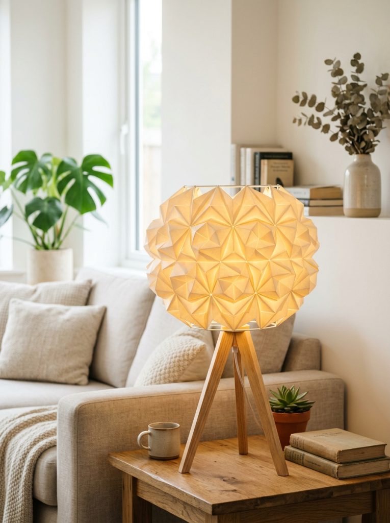 DIY paper lamp shade from folded origami paper panels in geometric pattern around light frame warm glow
