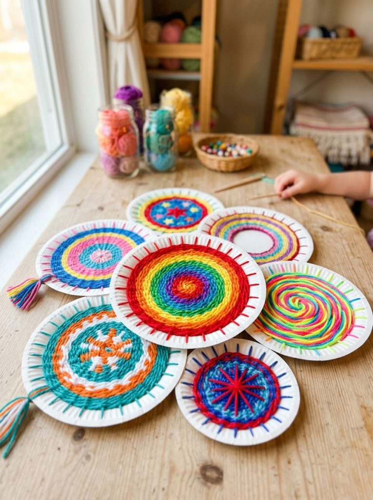 Adorable paper plate weaving yarn crafts with colorful circular weavings in rainbow bright combinations through notched plate edges