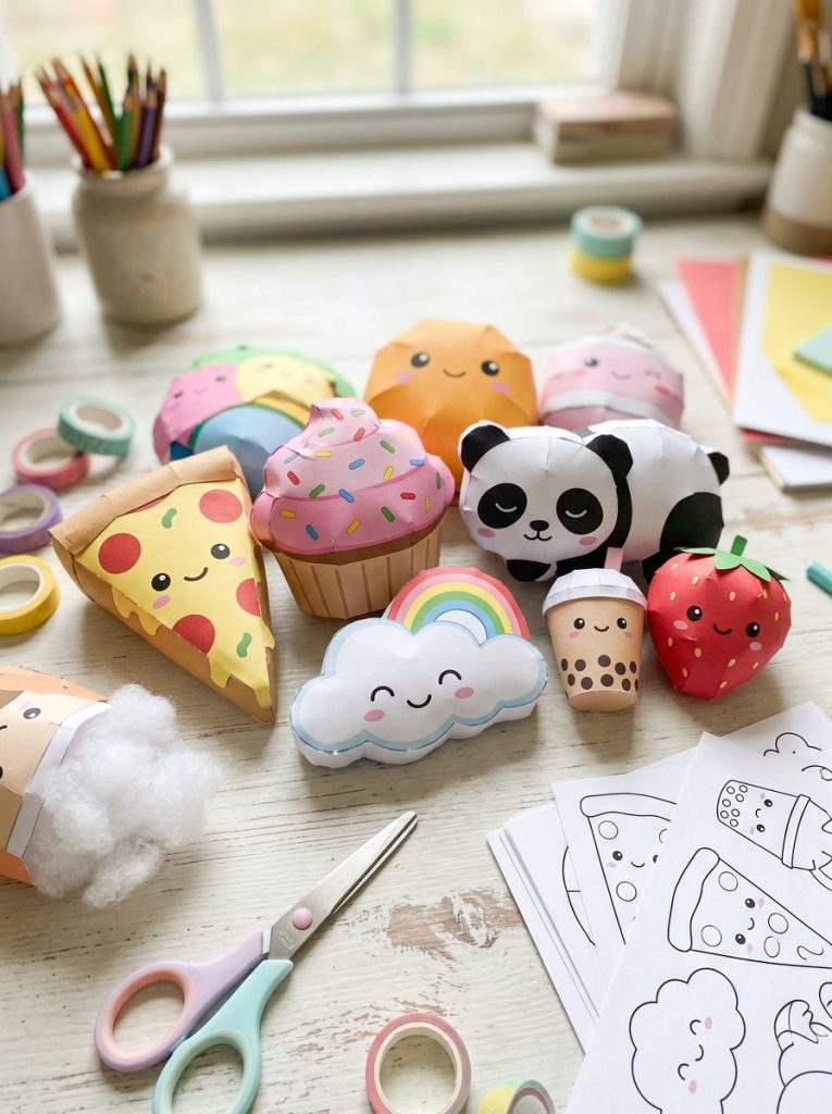 Adorable paper squishies DIY from printed templates with cute food characters animals and kawaii designs looking like real squishies