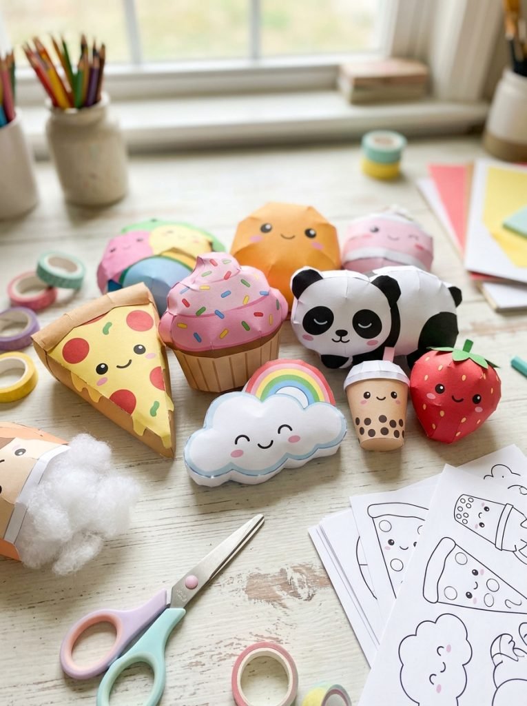 Adorable paper squishies DIY from printed templates with cute food characters animals and kawaii designs looking like real squishies
