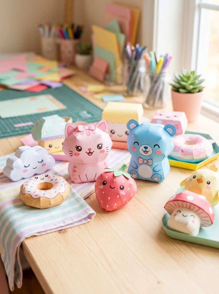 Adorable paper squishy kawaii DIY crafts with paper templates assembled into squishy-style kawaii items with sweet expressions