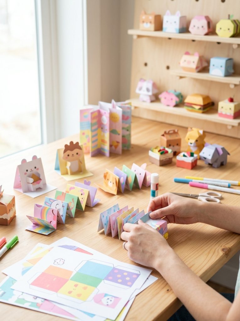 Creative paper toy squishies DIY with accordion-fold pop-up and assembled paper toy squishies in different engaging formats 