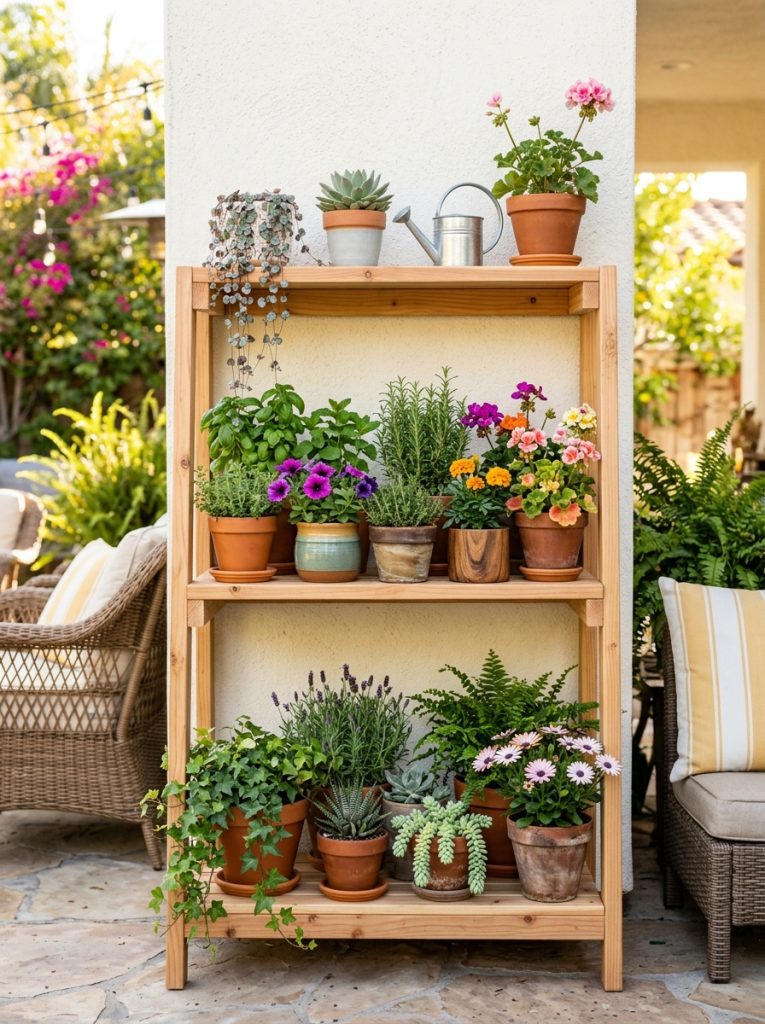 DIY outdoor patio plant shelf stand with three wide shelves holding succulents herbs and flowering plants