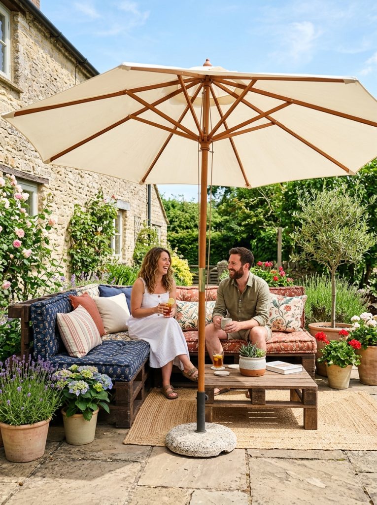 Large outdoor patio umbrella providing shade over DIY patio furniture set with cushioned seating on bright sunny patio