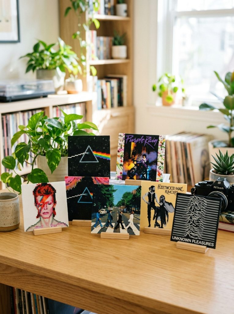 Creative album cover perler bead patterns with iconic music album artwork recreated in colorful pixelated bead format on bright surface