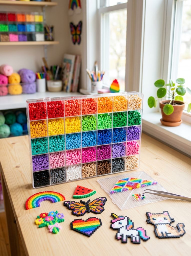 Beautiful bulk perler bead assorted colors in rainbow arrangement alongside completed colorful patterns showing creative possibilities 