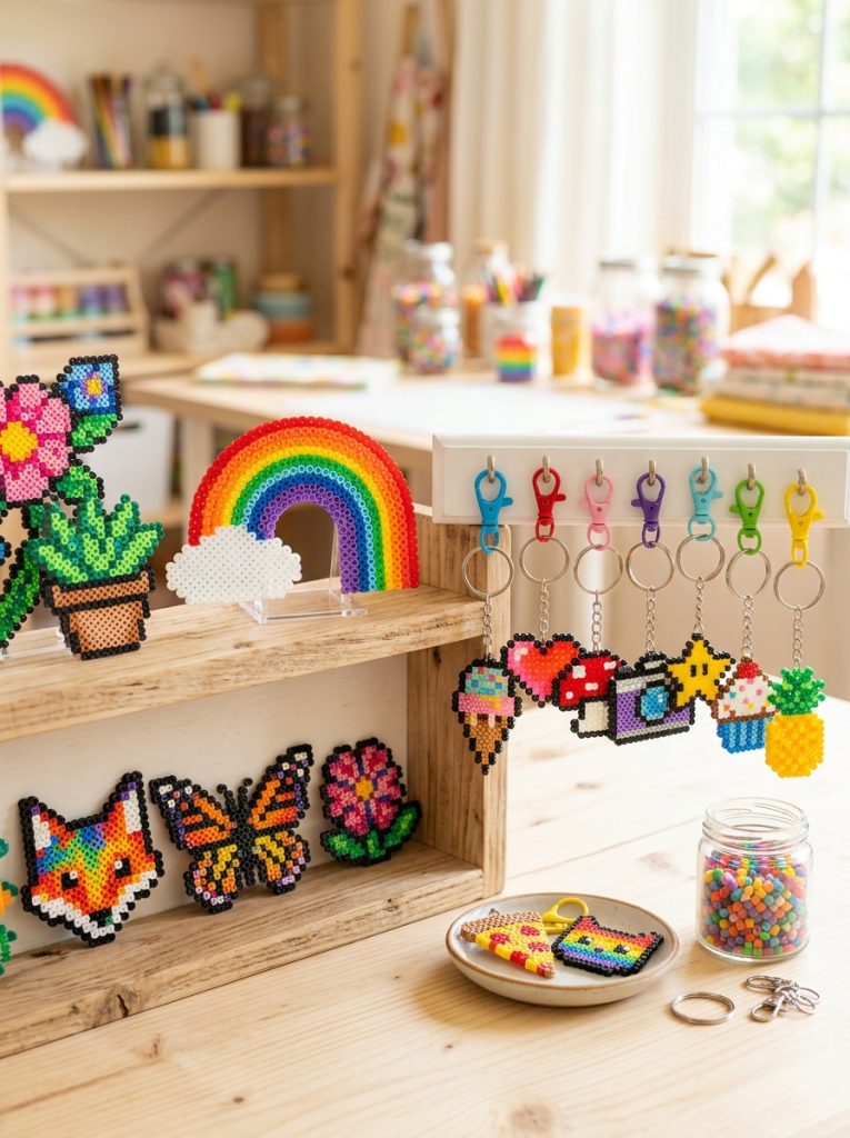  Beautiful perler bead display and keychain ideas with completed patterns as shelf displays and functional keychains accessories collection 