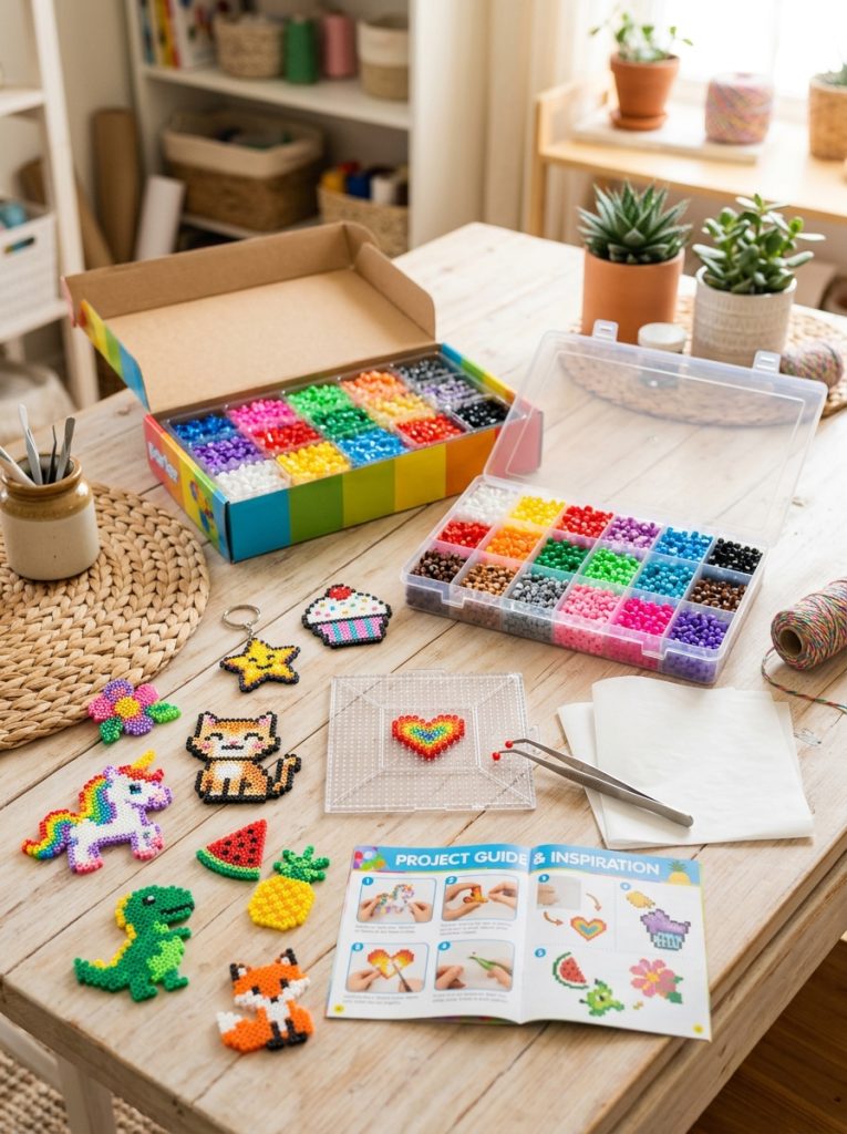  Complete perler bead kit with colorful beads pegboard ironing paper instructions alongside completed sample projects on bright craft surface