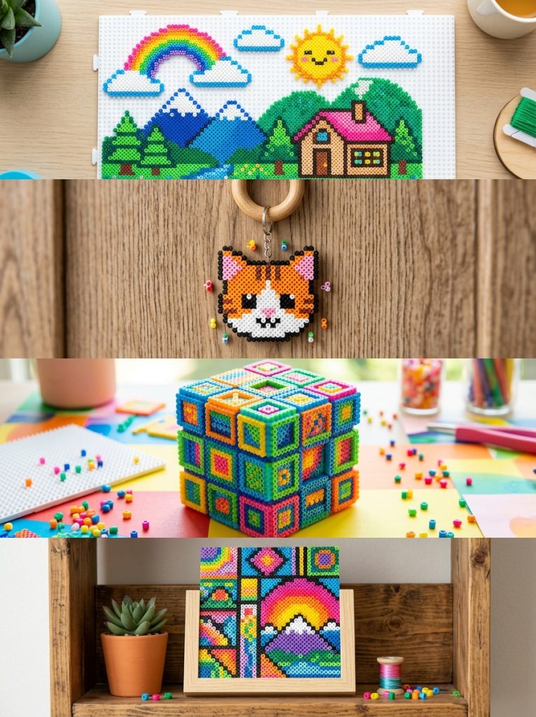 Four perler bead patterns including colorful scene retro aesthetic cute cat keychain impressive 3D cube and creative album cover shelf display