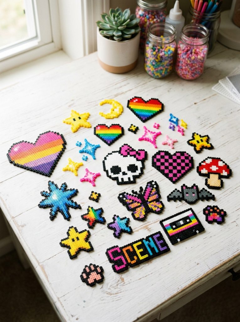  Beautiful scene aesthetic perler bead patterns with sunset gradients rainbow hearts stars sparkles and nostalgic Y2K designs in vibrant colors 