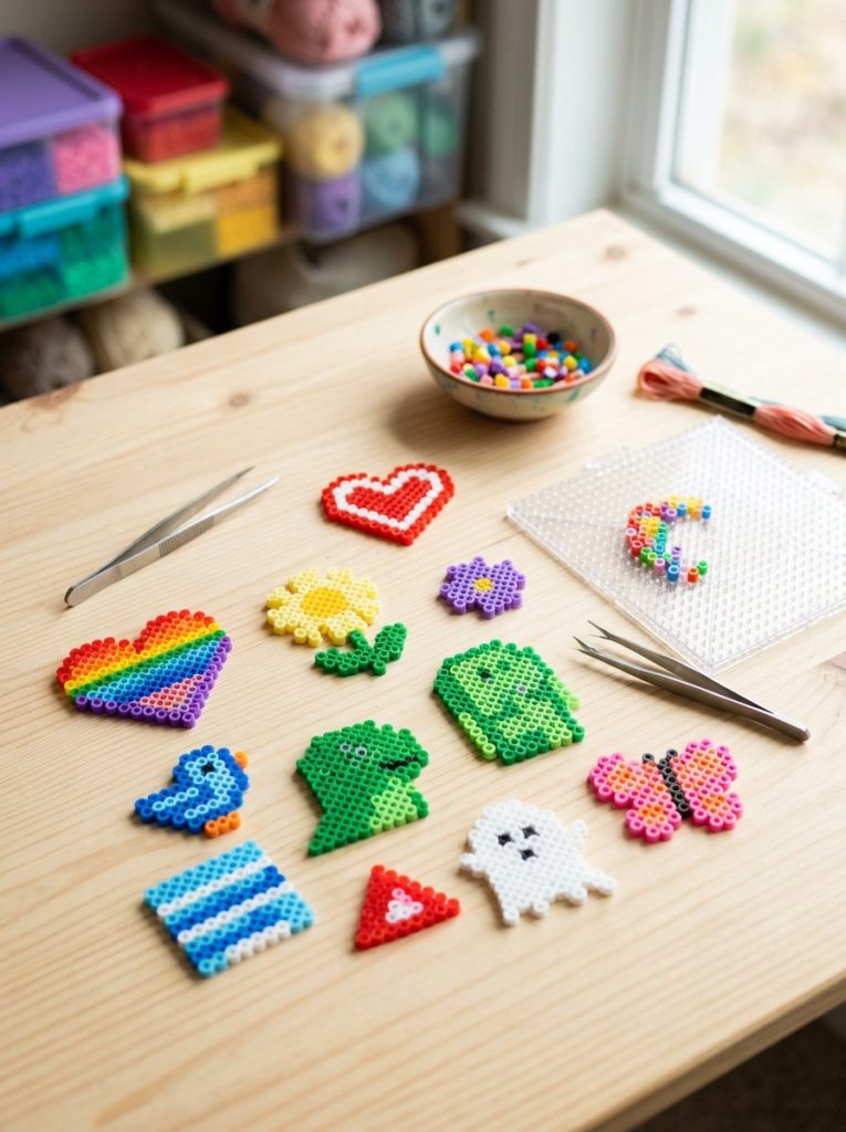 Easy simple beginner perler bead patterns with hearts flowers geometric shapes and character outlines achieving beautiful first attempt results 