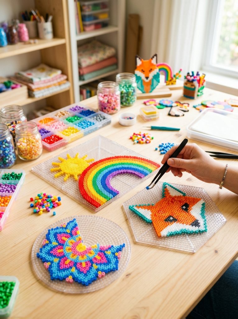 Perler bead pegboard set with multiple sizes square round hexagonal boards with colorful patterns in progress on bright craft surface 