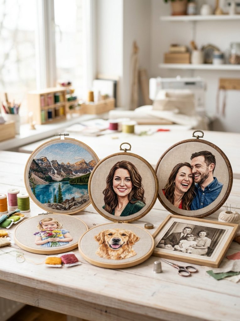 Stunning photo embroidery with beautifully embroidered portrait and photo-inspired designs recreating photographs with thread artistry
