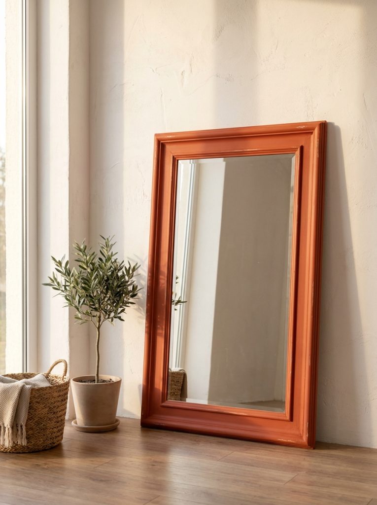 Old thrift store picture frame painted bold terracotta with mirror set inside leaning against bright white wall