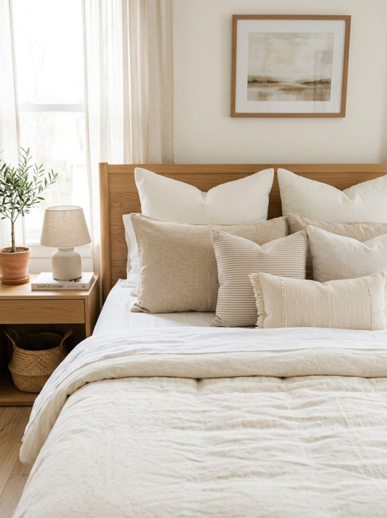 Beautiful organic cotton pillow covers in cream white warm neutral tones creating layered naturally textured neutral bedroom pillow display 