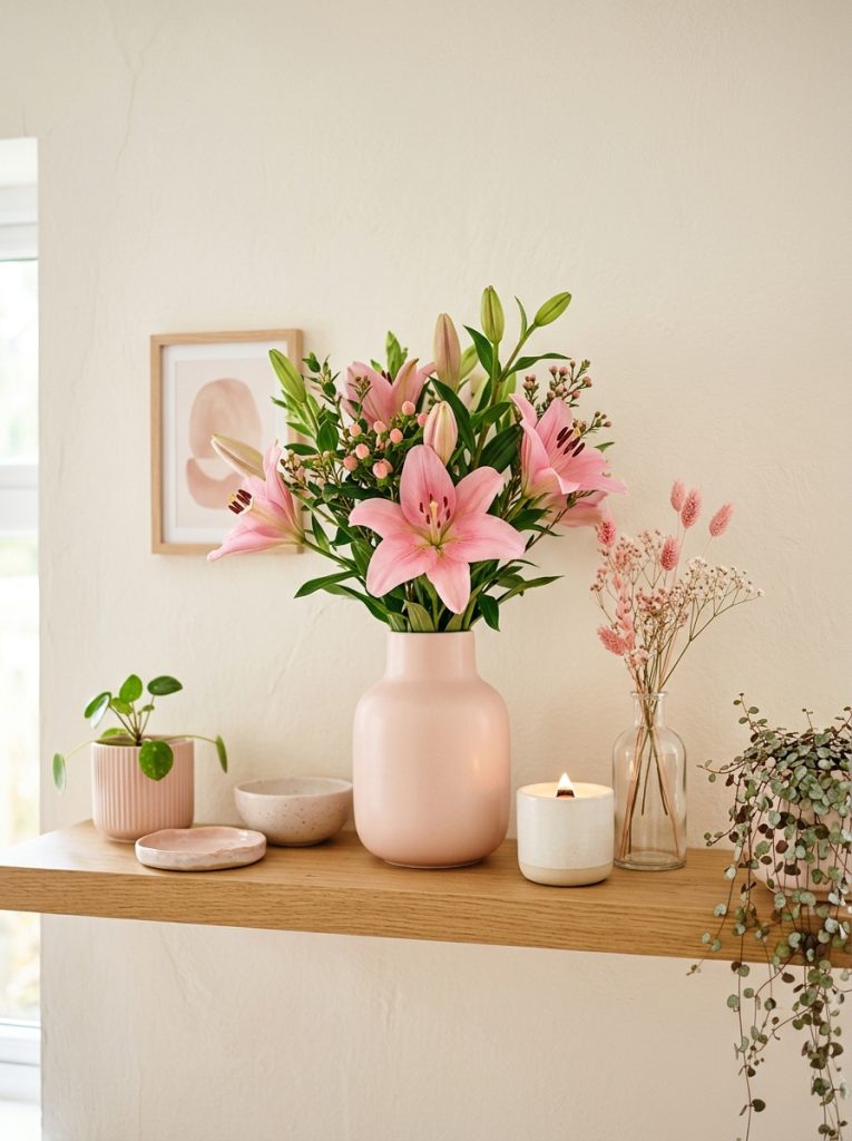  Beautiful pink aesthetic shelf with pink lilies decor piece blush ceramics white candle pink dried stem and trailing plant.