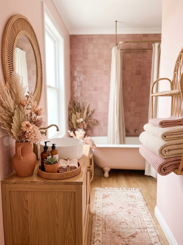 Beautiful pink boho bathroom in blush dusty rose terracotta tones with rattan accessories dried florals and warm boho textiles