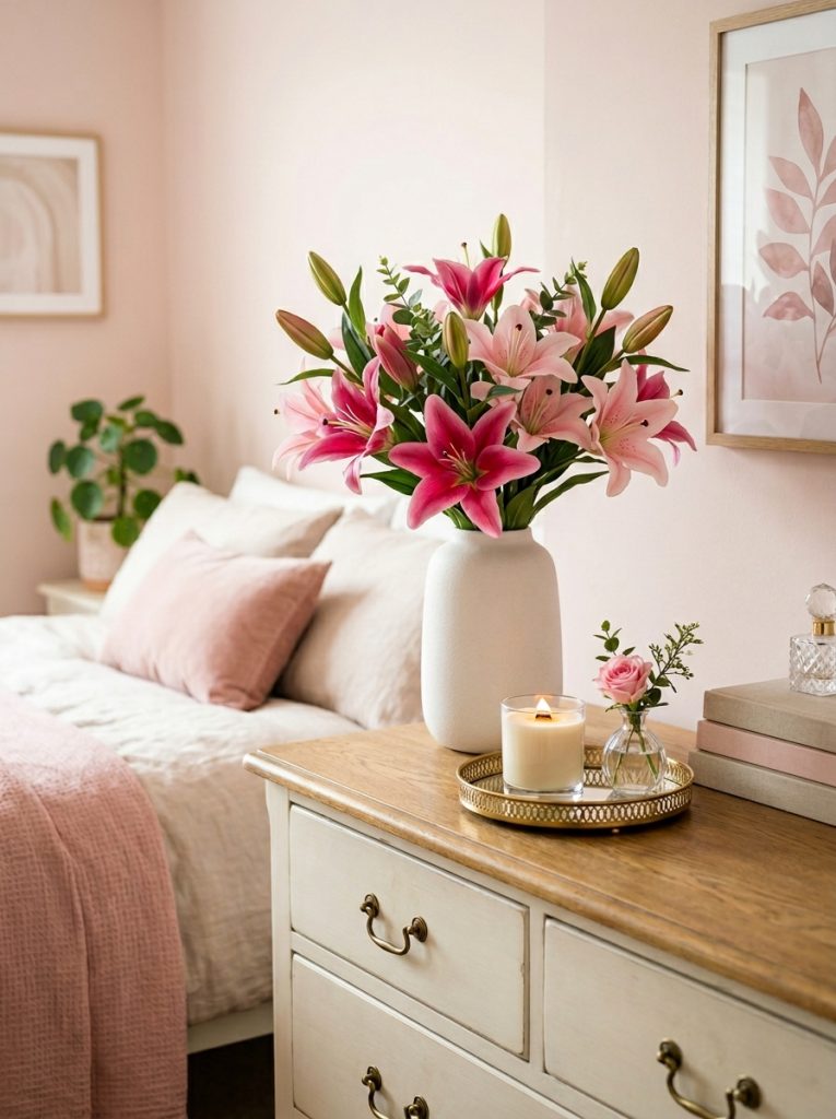 Beautiful bedroom dresser with pink lily bouquet tall white vase gold tray candle and pink bud vase.