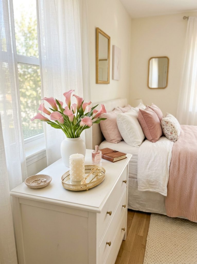 Softly beautiful bedroom with pink calla lilies arrangement white ceramic vase gold tray pearl candle and sheer curtains