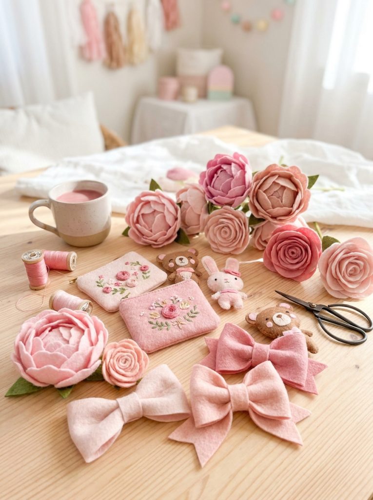 Beautiful pink felt crafts collection with flowers bows small pouches and cute characters in coordinating soft pink and blush tones 