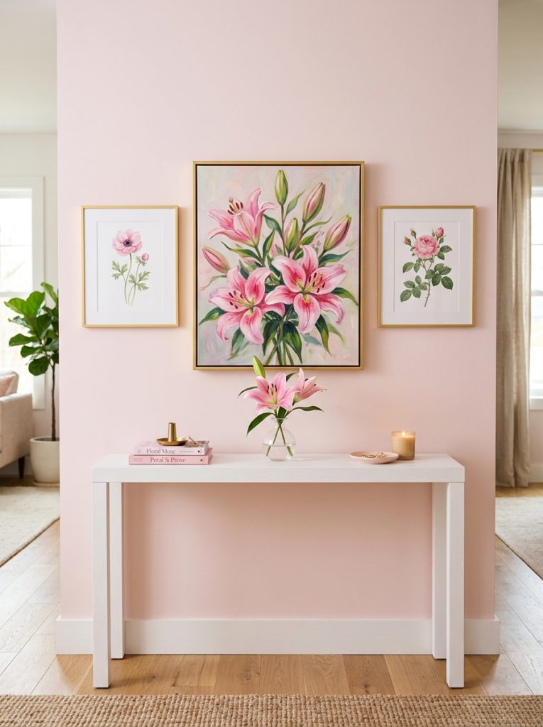 Beautiful pink flower aesthetic wall display with pink lilies painting center two botanical prints console table and lily bud vase.