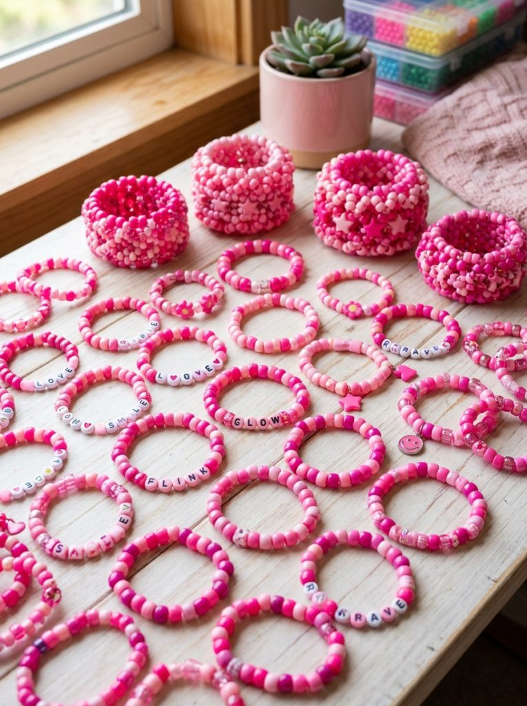 Beautiful pink kandi in hot pink baby pink dusty rose and pastel shades in singles patterns and cuffs as varied collection