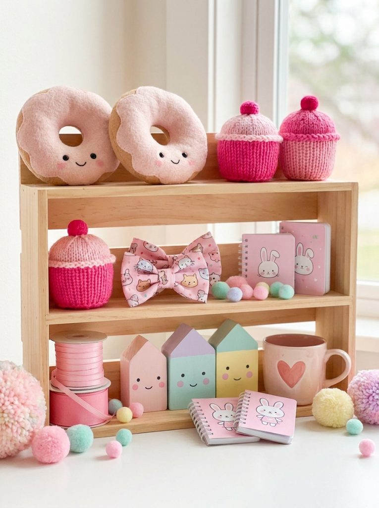 Beautiful pink kawaii DIY craft creations in soft blush and hot pink with kawaii expressions and pastel accessories displayed