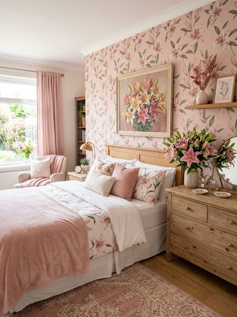 Complete pink lilies bedroom with painting bouquet aesthetic piece and wallpaper creating feminine warm botanical room.