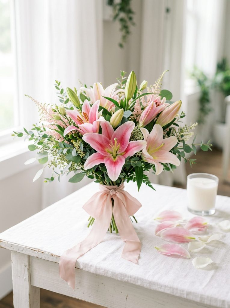 Beautiful pink lilies wedding bouquet on white surface blush ribbon scattered petals minimal candle soft natural lighting.