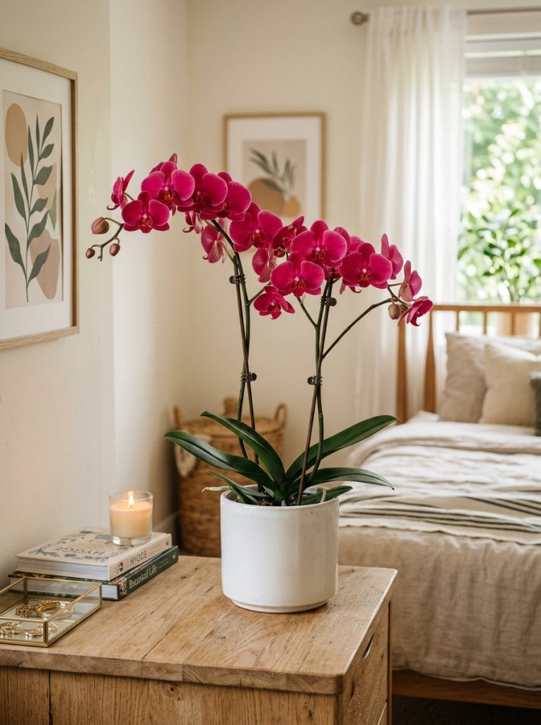 Deep pink moth orchid plant in white ceramic pot on bright bedroom dresser warm inviting indoor decor
