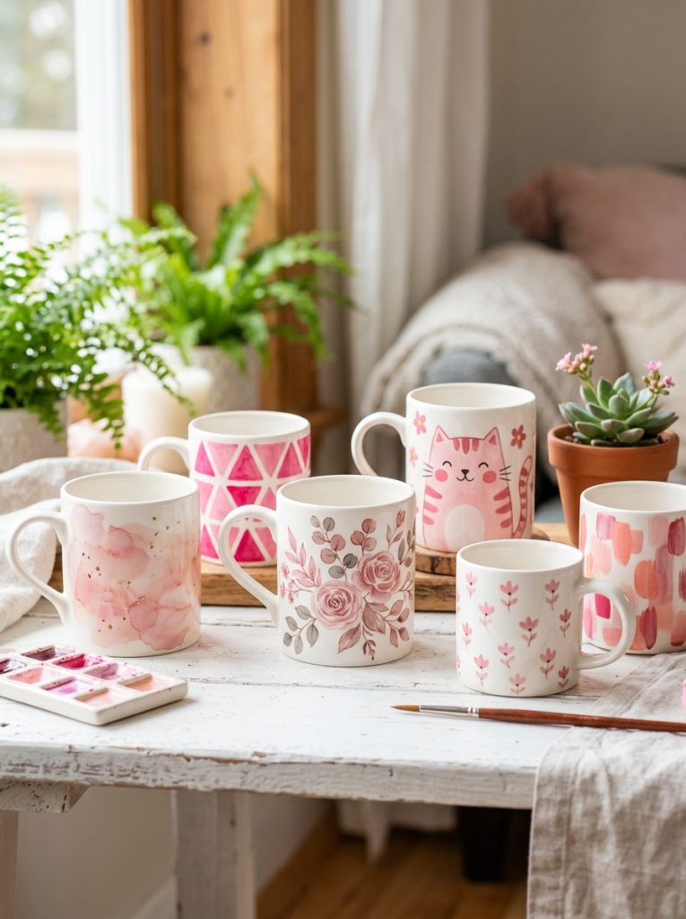 Beautiful pink mug painting with blush watercolor hot pink geometric dusty rose botanical and cute pink character designs on ceramic 