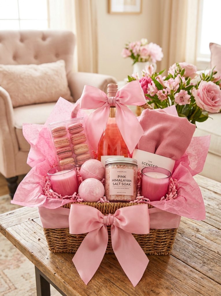 Beautiful pink themed gift basket with pink treats bath products candles ribbon bows and tissue paper in gorgeous feminine presentation 