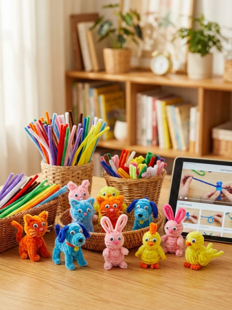 ute pipe cleaner animal crafts with dogs cats rabbits and birds in different colors with googly eyes in step by step tutorial display