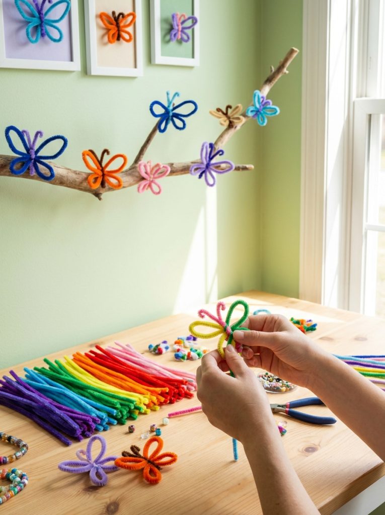 Beautiful pipe cleaner butterfly crafts with twisted wing shapes body and antennae in multiple colors displayed on branch