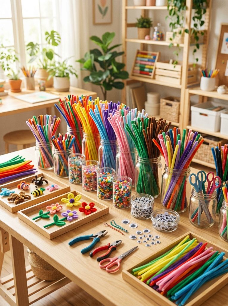 Complete pipe cleaner craft supplies setup with full range of beads googly eyes scissors and tools for any pipe cleaner project
