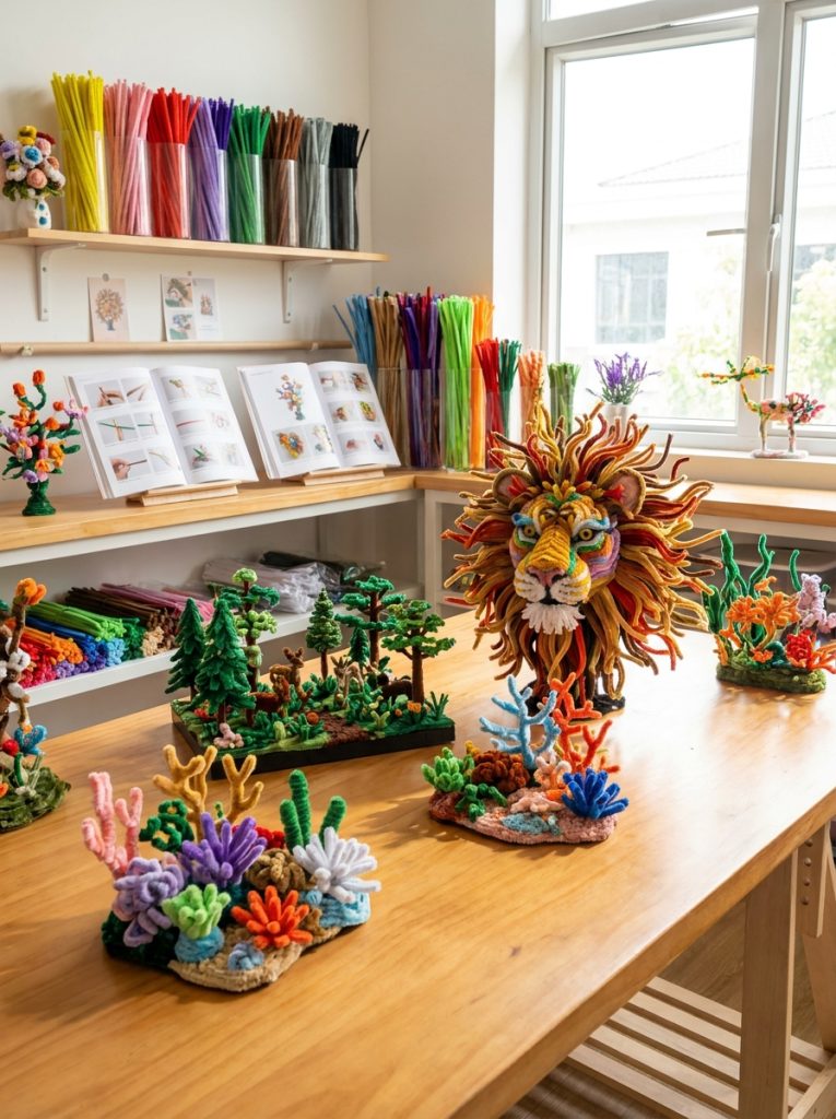 Impressive advanced pipe cleaner craft tutorial creations with complex detailed animals landscape scenes and multi-piece sculptures displayed