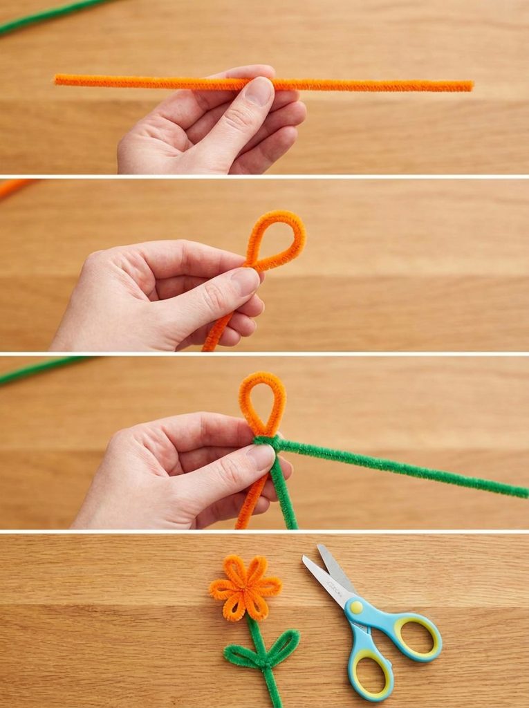 Simple step by step pipe cleaner craft tutorial showing clear progression from plain pipe cleaner to finished creation in stages